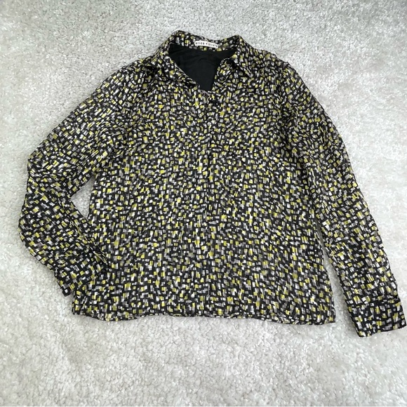 Alice + Olivia Willa Print Blouse Silk Neon Yellow Geometric Abstract XS/S - Picture 2 of 15